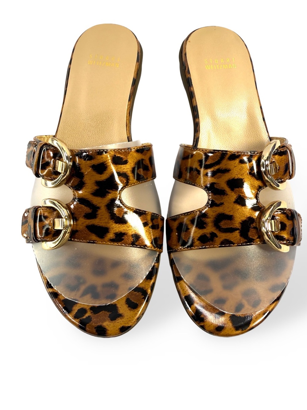 Stuart Weitzman Leopard-Print Patent Double-Buckle Slide Sandals - Black & Brown